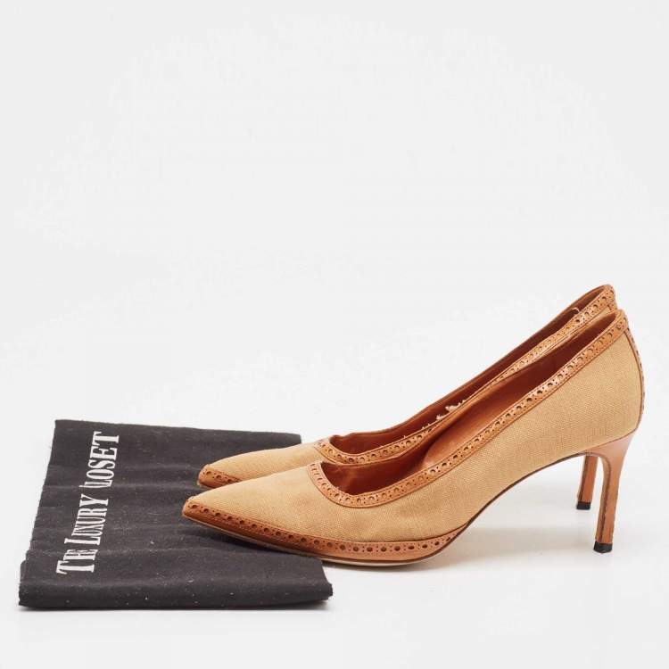Pre Owned Manolo Blahnik Brown Canvas and Leather Pointed Toe Pumps Size 36.5