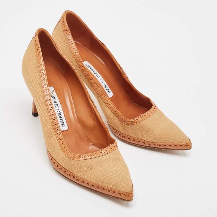 Pre Owned Manolo Blahnik Brown Canvas and Leather Pointed Toe Pumps Size 36.5