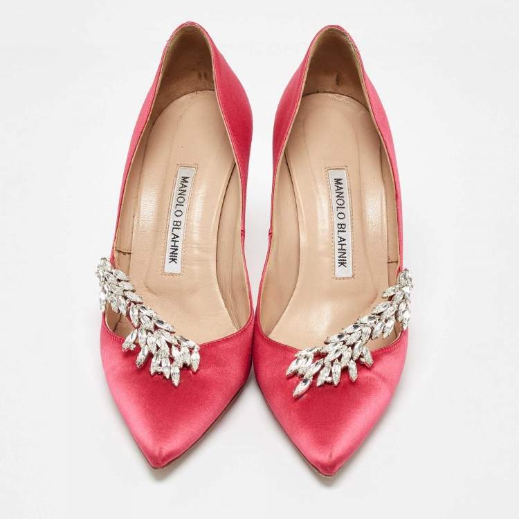 Pre Owned Manolo Blahnik Pink Satin Nadira Pointed Toe Pumps Size 37