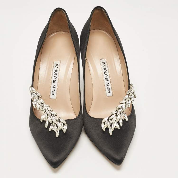 Pre Owned Manolo Blahnik Black Satin Nadira Pumps Size 37.5