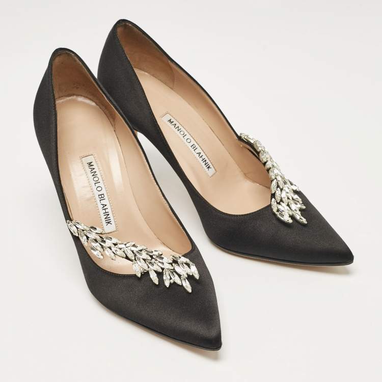 Pre Owned Manolo Blahnik Black Satin Nadira Pumps Size 37.5