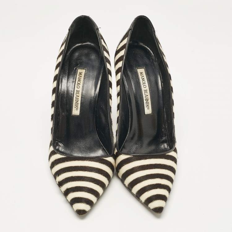Pre Owned Manolo Blahnik Black Calfhair and Leather Stiped Pumps Size 38