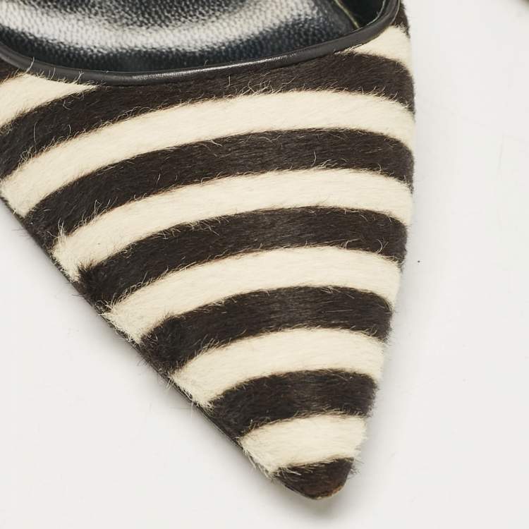 Pre Owned Manolo Blahnik Black Calfhair and Leather Stiped Pumps Size 38