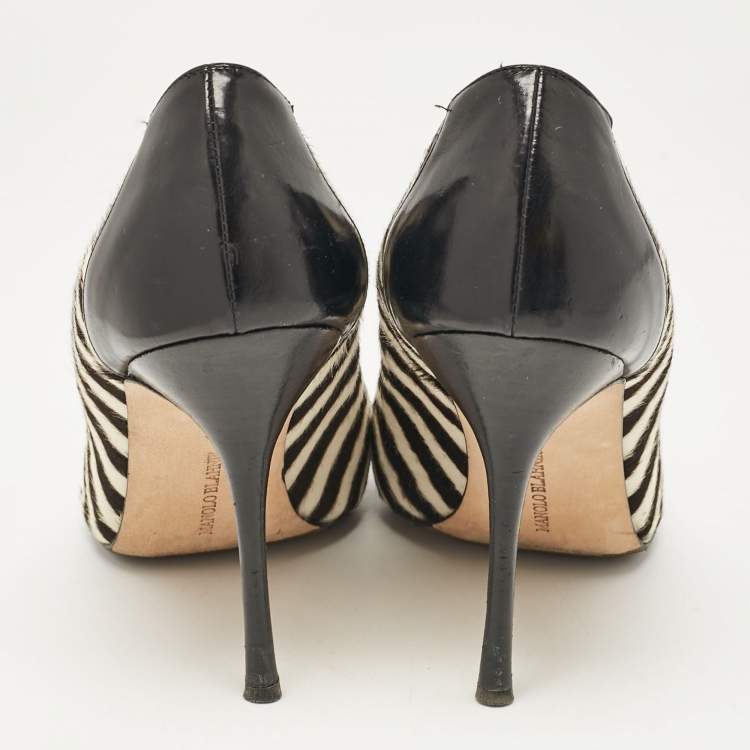 Pre Owned Manolo Blahnik Black Calfhair and Leather Stiped Pumps Size 38