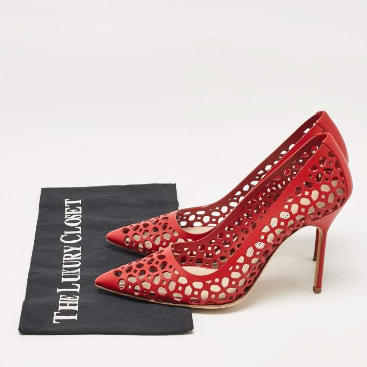 Pre Owned Manolo Blahnik Red Leather Laserato BB Pumps Size 37.5
