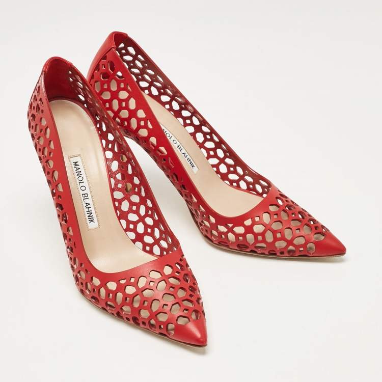 Pre Owned Manolo Blahnik Red Leather Laserato BB Pumps Size 37.5