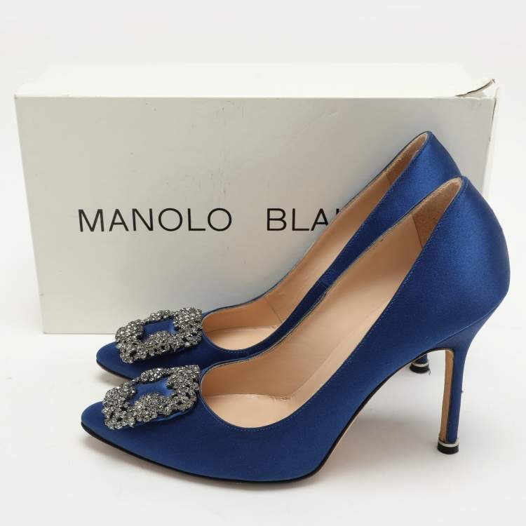 Pre Owned Manolo Blahnik Blue Satin Hangisi Embellished Pumps Size 36.5