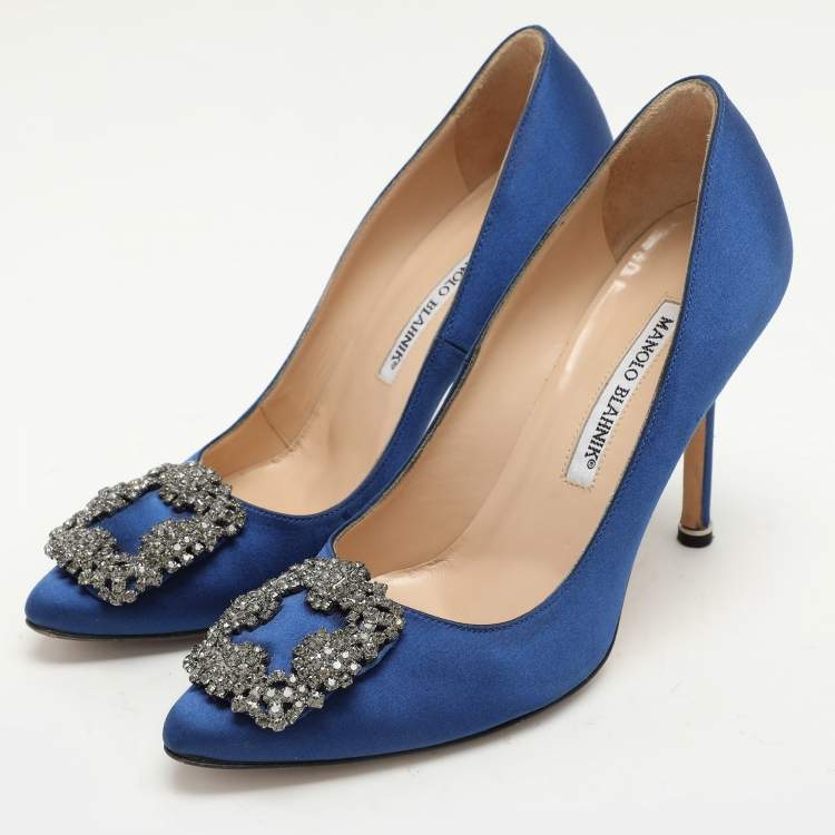 Pre Owned Manolo Blahnik Blue Satin Hangisi Embellished Pumps Size 36.5