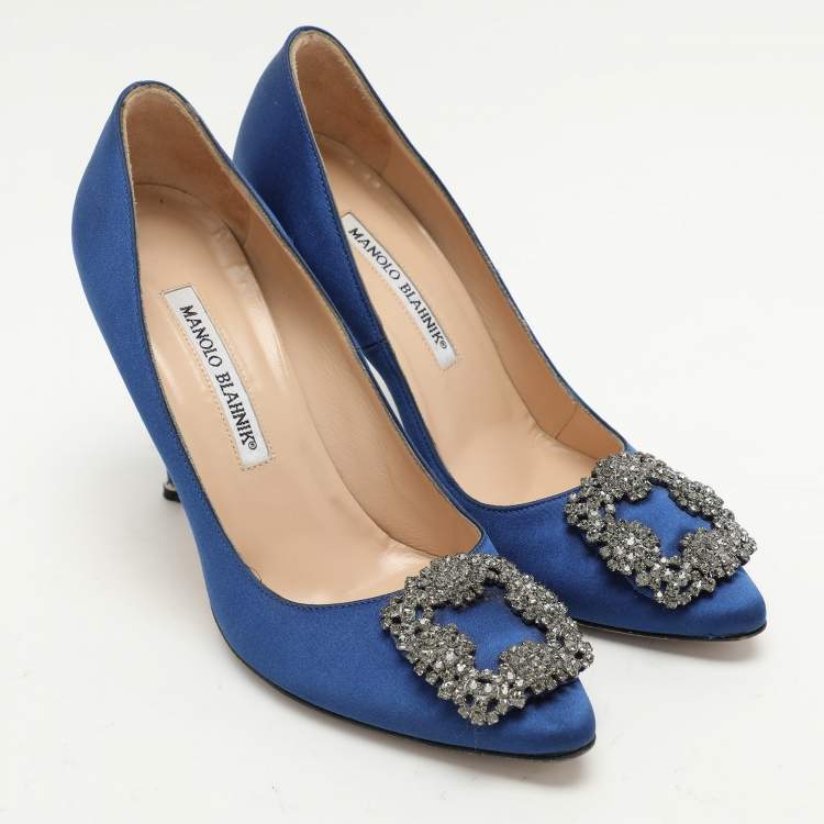 Pre Owned Manolo Blahnik Blue Satin Hangisi Embellished Pumps Size 36.5