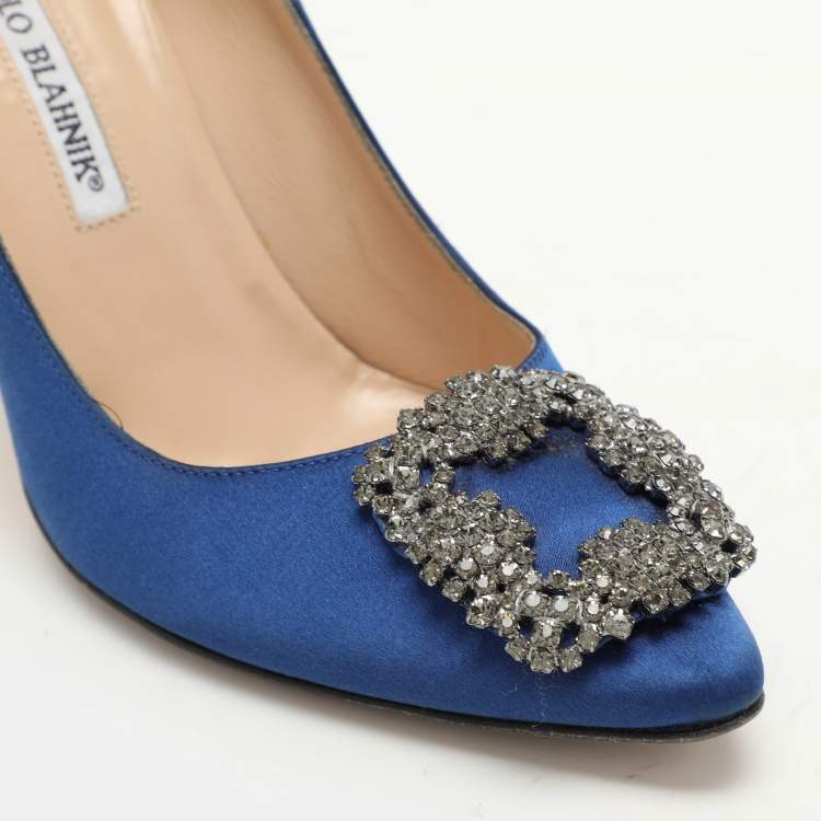 Pre Owned Manolo Blahnik Blue Satin Hangisi Embellished Pumps Size 36.5