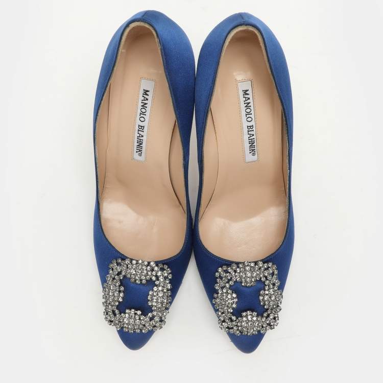 Pre Owned Manolo Blahnik Blue Satin Hangisi Embellished Pumps Size 36.5