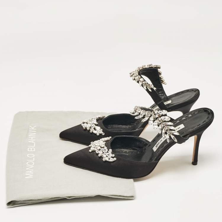 Pre Owned Manolo Blahnik Black Satin Crystal Embellished Lurum Mules Size 37