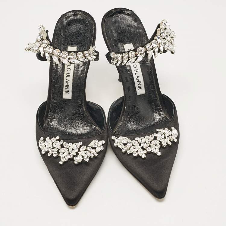 Pre Owned Manolo Blahnik Black Satin Crystal Embellished Lurum Mules Size 37