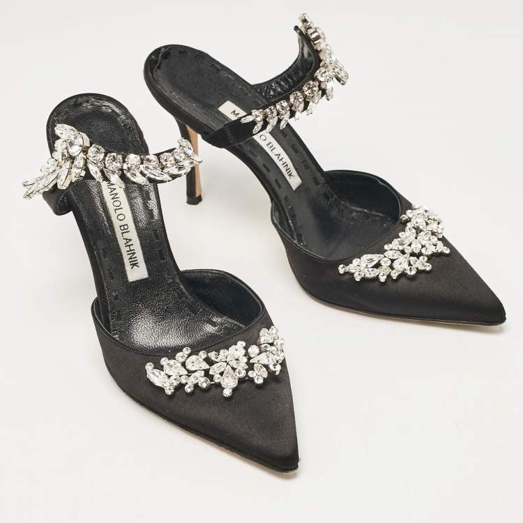 Pre Owned Manolo Blahnik Black Satin Crystal Embellished Lurum Mules Size 37