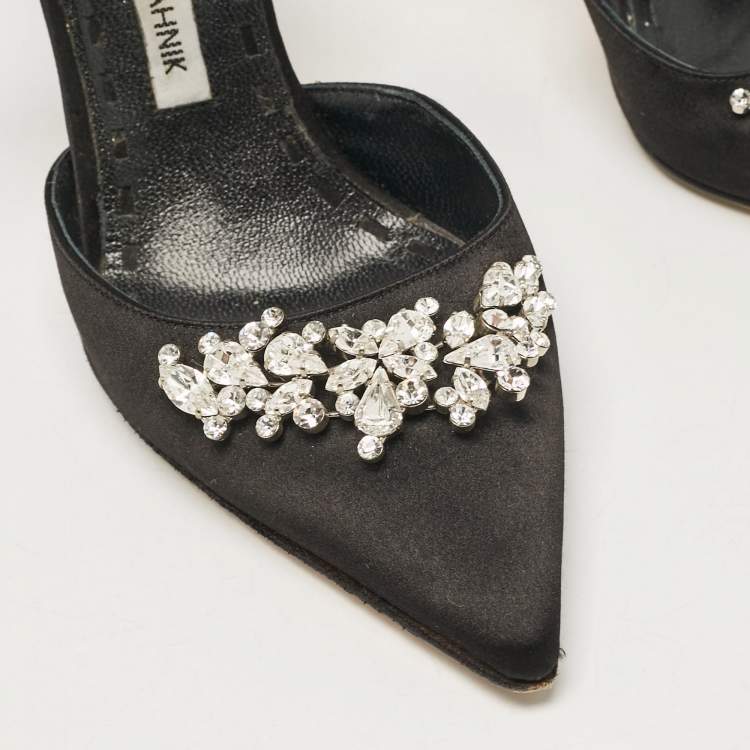 Pre Owned Manolo Blahnik Black Satin Crystal Embellished Lurum Mules Size 37