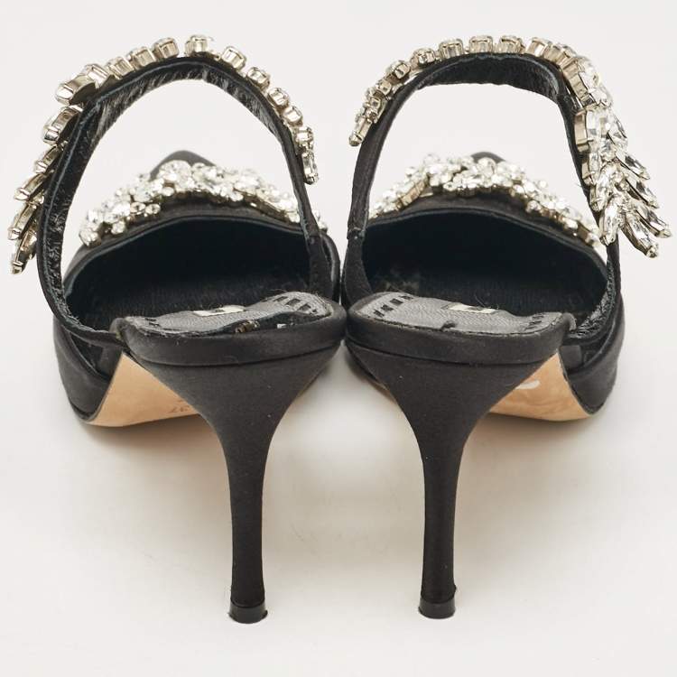 Pre Owned Manolo Blahnik Black Satin Crystal Embellished Lurum Mules Size 37