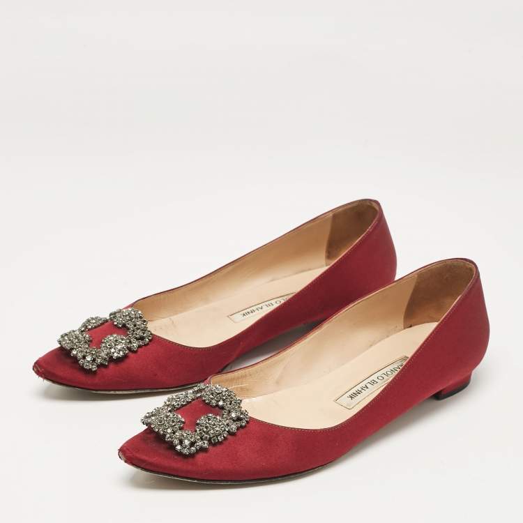 Pre Owned Manolo Blahnik Burgundy Suede Hangisi Ballet Flats Size 38.5