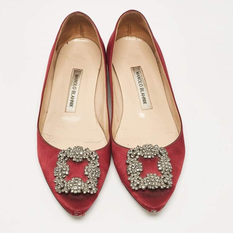Pre Owned Manolo Blahnik Burgundy Suede Hangisi Ballet Flats Size 38.5