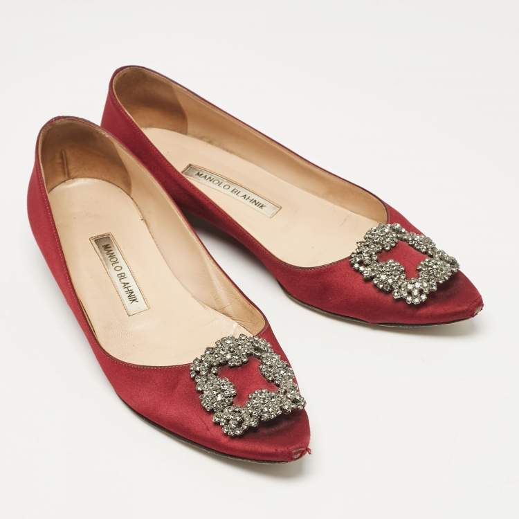 Pre Owned Manolo Blahnik Burgundy Suede Hangisi Ballet Flats Size 38.5