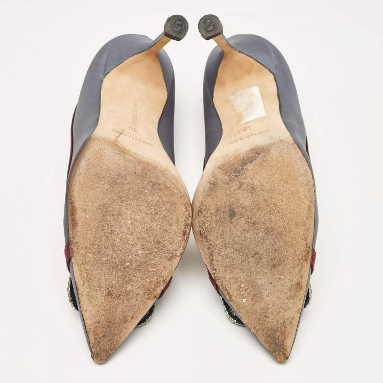 Pre Owned Manolo Blahnik Grey/Burgundy Satin Gotrian Pumps Size 39