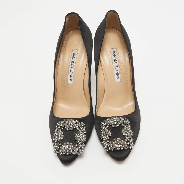 Pre Owned Manolo Blahnik Black Satin Hangisi Pumps Size 36.5
