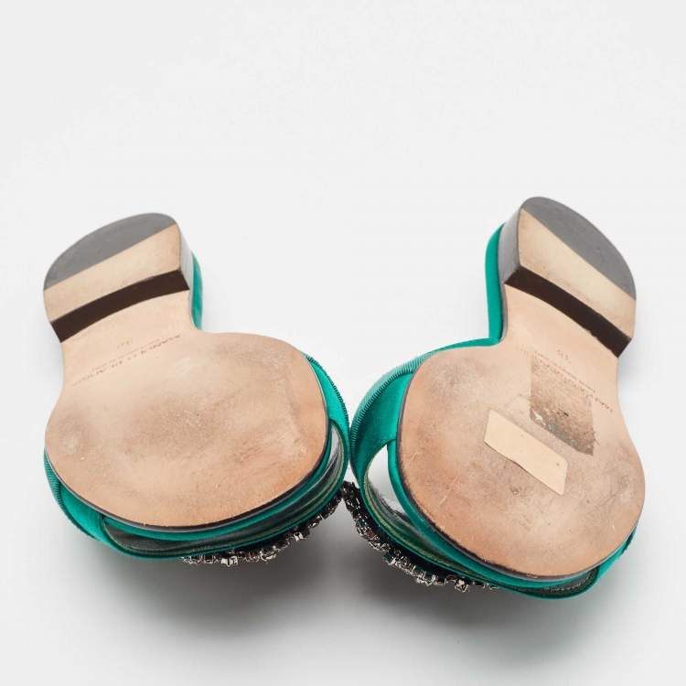 Pre Owned Manolo Blahnik Green Canvas and Satin Martamod Flat Slides Size 38