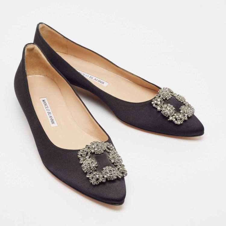 Pre Owned Manolo Blahnik Black Satin Hangisi Ballet Flats Size 39