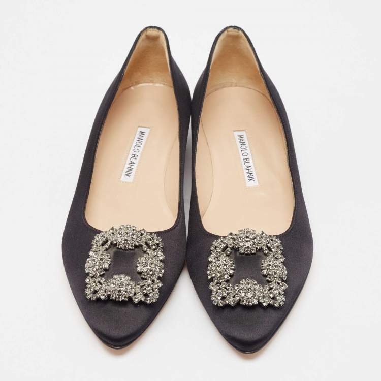 Pre Owned Manolo Blahnik Black Satin Hangisi Ballet Flats Size 39