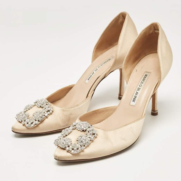Pre Owned Manolo Blahnik Beige Satin Hangisi D'orsay Pumps Size 38