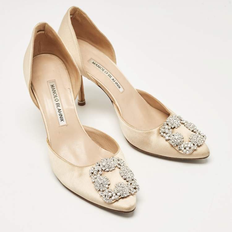Pre Owned Manolo Blahnik Beige Satin Hangisi D'orsay Pumps Size 38