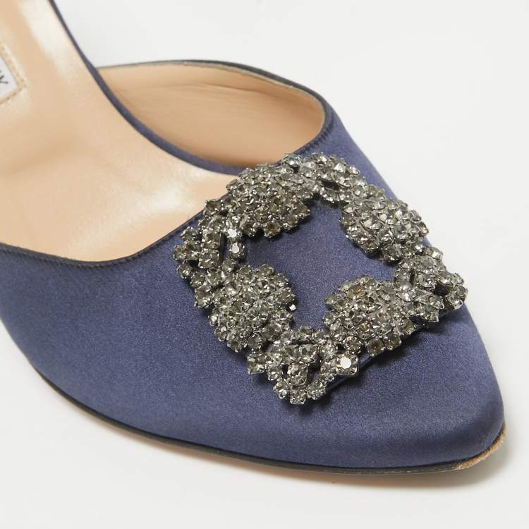 Pre Owned Manolo Blahnik Navy Blue Satin Hangisi Mules Size 40