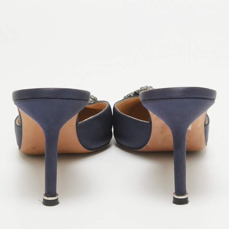 Pre Owned Manolo Blahnik Navy Blue Satin Hangisi Mules Size 40