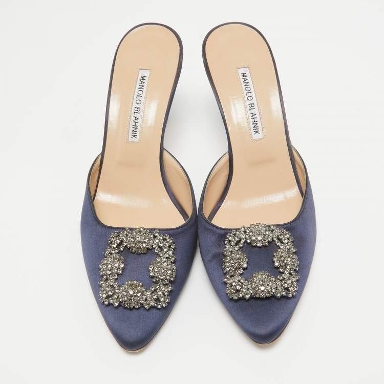 Pre Owned Manolo Blahnik Navy Blue Satin Hangisi Mules Size 40