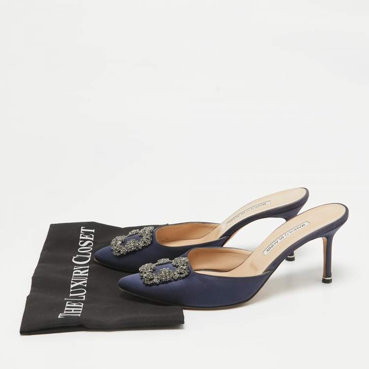 Pre Owned Manolo Blahnik Navy Blue Satin Hangisi Mules Size 40
