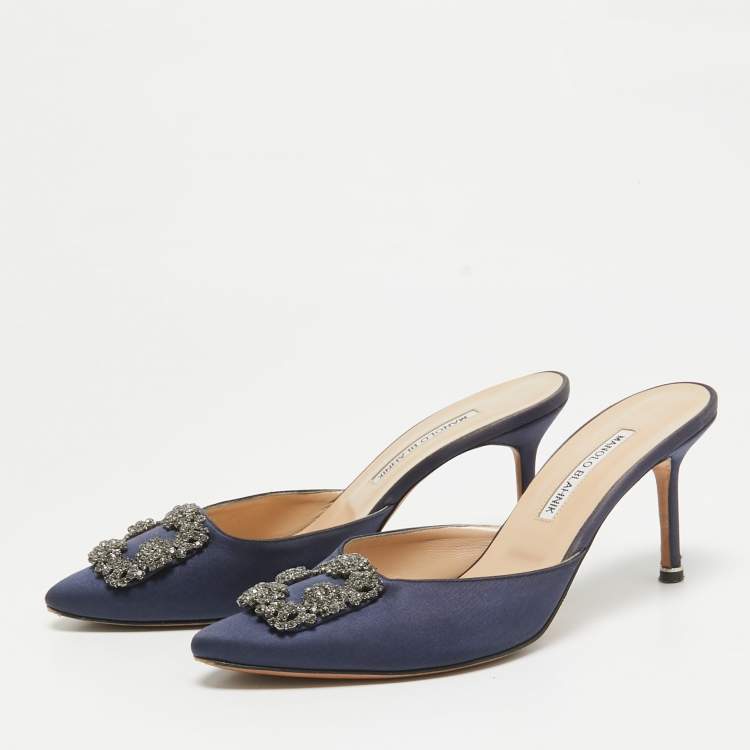 Pre Owned Manolo Blahnik Navy Blue Satin Hangisi Mules Size 40
