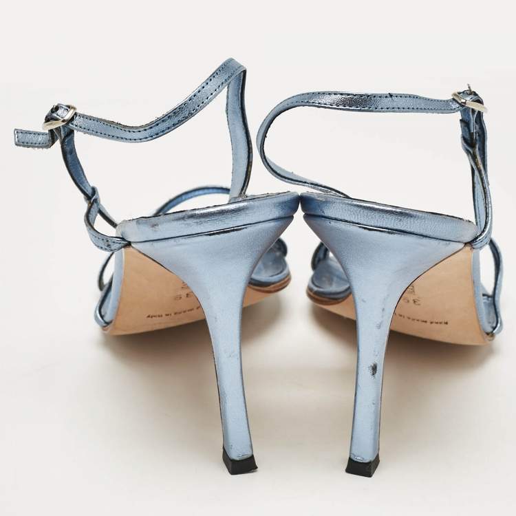 مملوكة مسبقًا Manolo Blahnik Metallic Blue Leather Strappy Slingback Sandals Size 39