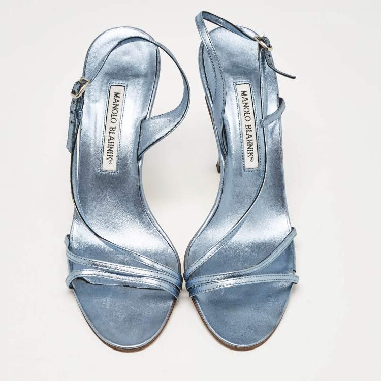 مملوكة مسبقًا Manolo Blahnik Metallic Blue Leather Strappy Slingback Sandals Size 39