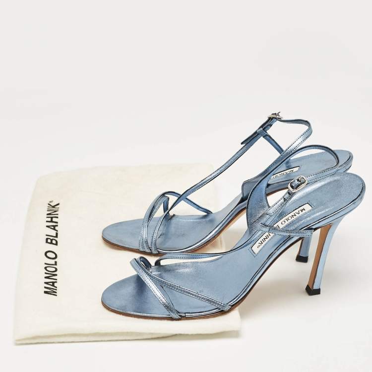 مملوكة مسبقًا Manolo Blahnik Metallic Blue Leather Strappy Slingback Sandals Size 39