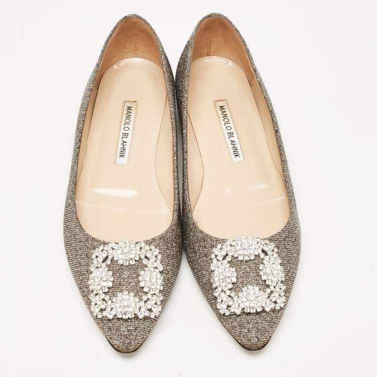 Pre Owned Manolo Blahnik Gold/Silver Glitter Fabric Hangisi Ballet Flats Size 38
