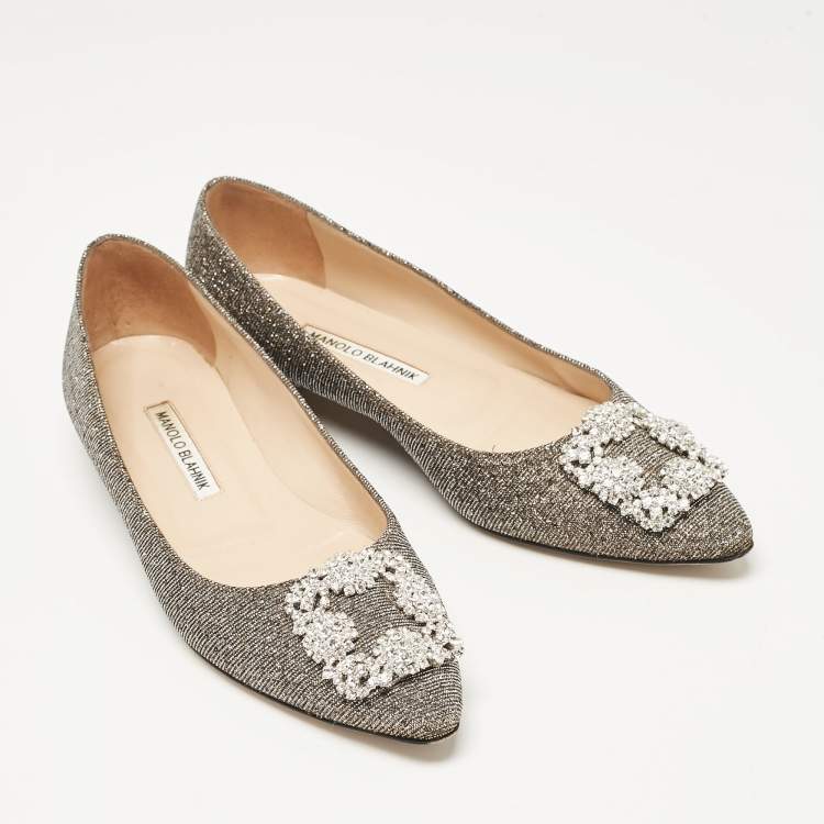 Pre Owned Manolo Blahnik Gold/Silver Glitter Fabric Hangisi Ballet Flats Size 38