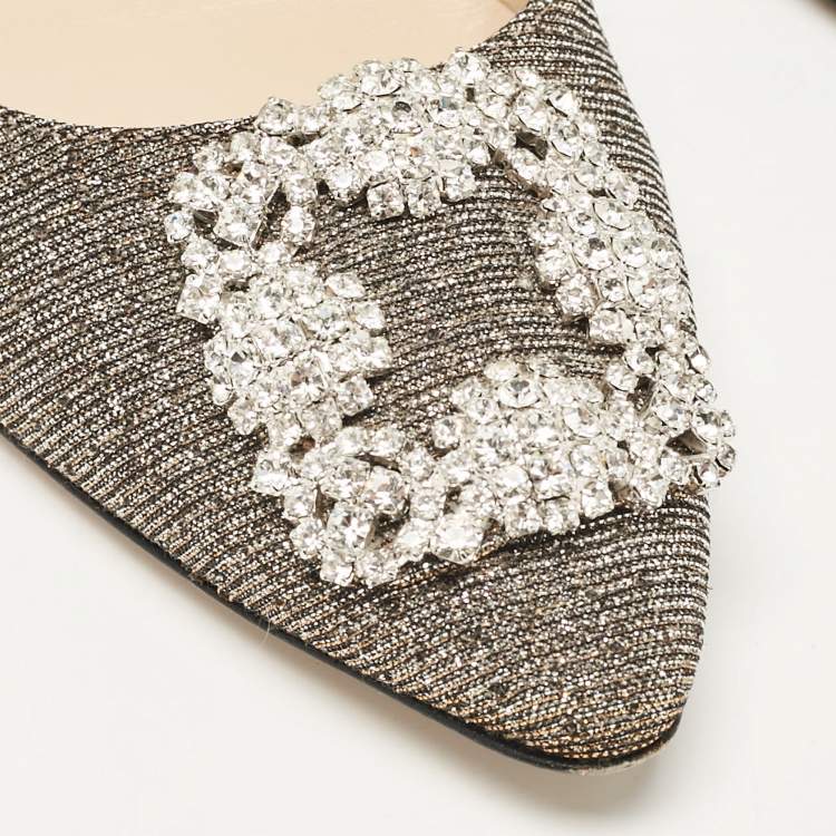 Pre Owned Manolo Blahnik Gold/Silver Glitter Fabric Hangisi Ballet Flats Size 38