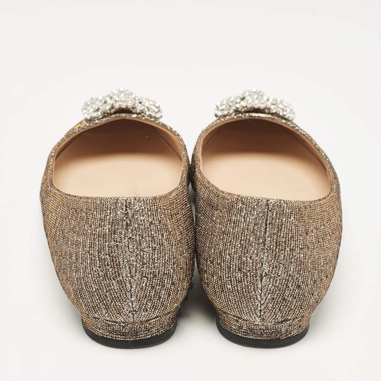 Pre Owned Manolo Blahnik Gold/Silver Glitter Fabric Hangisi Ballet Flats Size 38