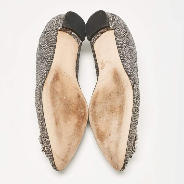 Pre Owned Manolo Blahnik Gold/Silver Glitter Fabric Hangisi Ballet Flats Size 38