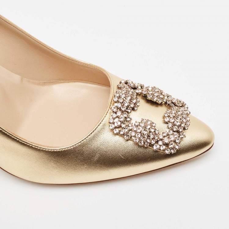 Pre Owned Manolo Blahnik Gold Leather Hangisi Crystal Embellished Pointed Toe Pumps Size 40
