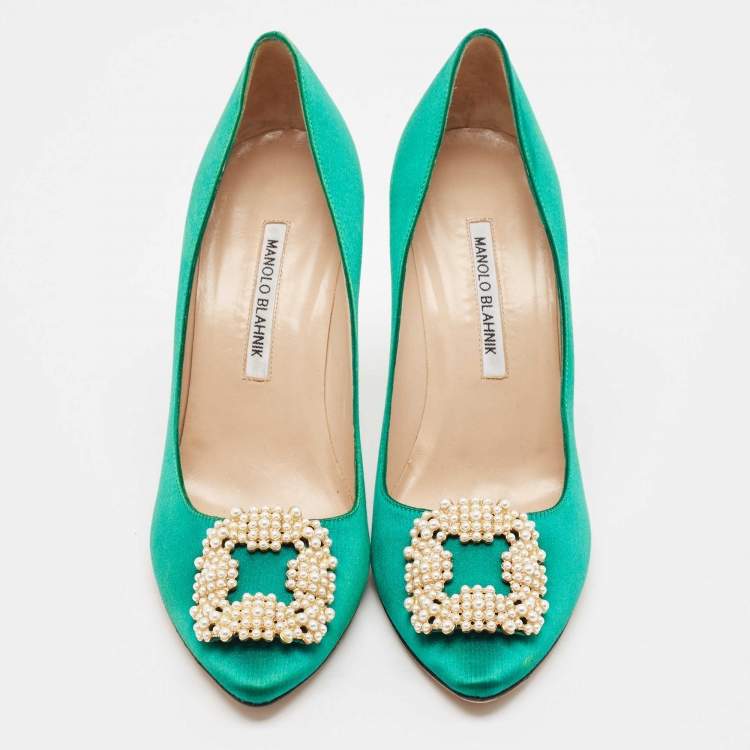 Pre Owned Manolo Blahnik Green Satin Hangisi Pumps Size 39.5