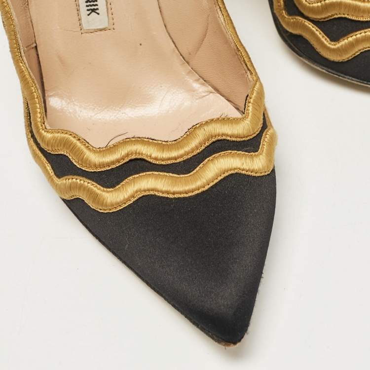 Pre Owned Manolo Blahnik Black/Yellow Satin Mikelona Pumps Size 37