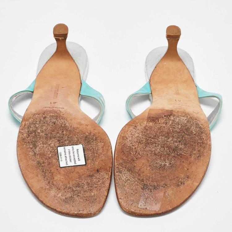 Pre Owned Manolo Blahnik Blue/Silver Leather Crystal Embellished Thong Sandals Size 41