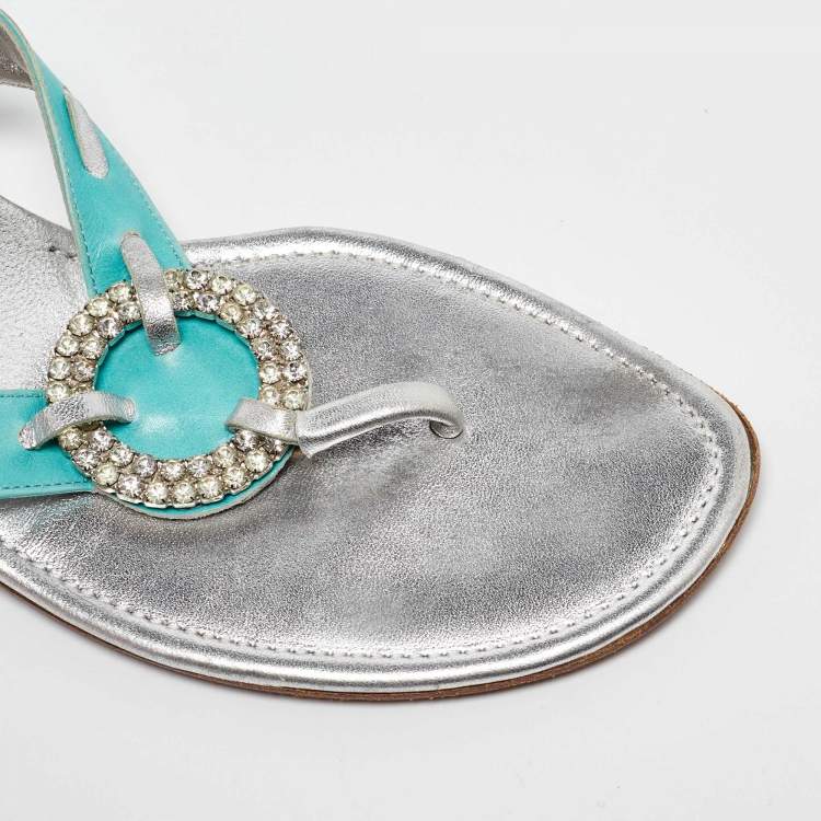 Pre Owned Manolo Blahnik Blue/Silver Leather Crystal Embellished Thong Sandals Size 41