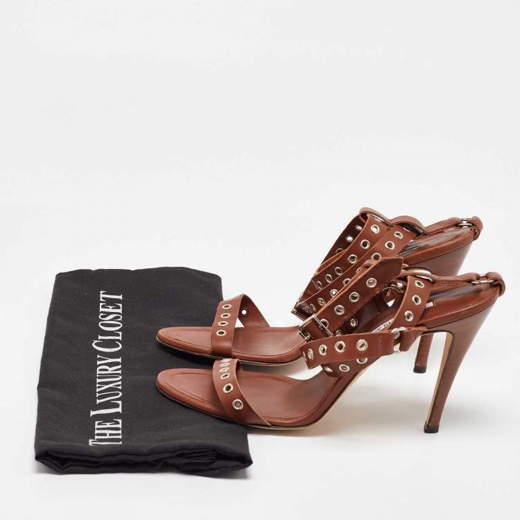 Pre Owned Manolo Blahnik Brown Leather Eyelet Ankle Strap Sandals Size 40.5