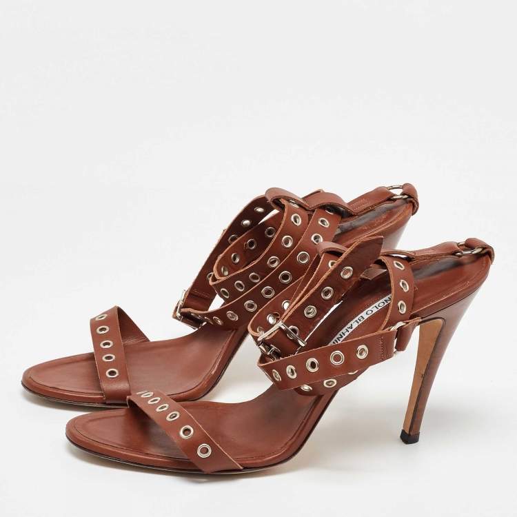 Pre Owned Manolo Blahnik Brown Leather Eyelet Ankle Strap Sandals Size 40.5